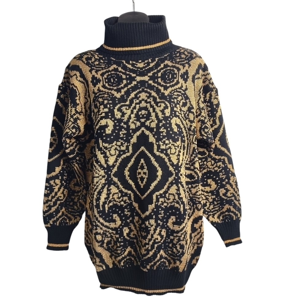 Vintage Pronto Moda Black Gold Turtle Neck Sweater Size S